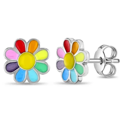 Rainbow Daisy Kids / Girls Earrings Enamel - Sterling Silver