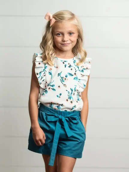 Kids White & Teal Floral Ruffle Spring Summer Short Set